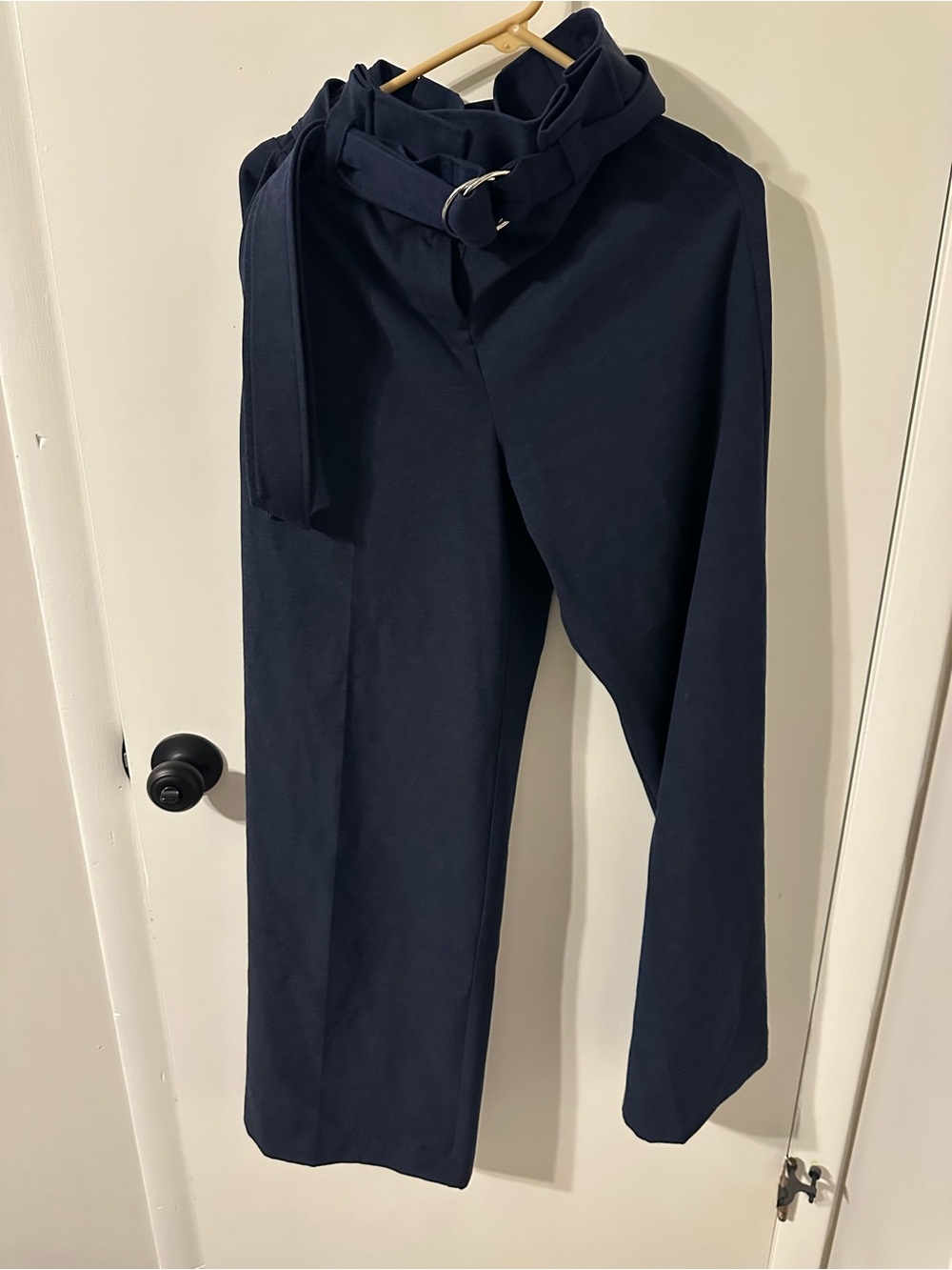 Navy Belted Trousers - Classic Straight Leg Pants